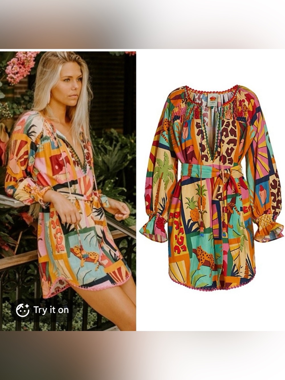 Farm Rio Boho Tropical Collage Linen Blend Tunic Dress XS belted